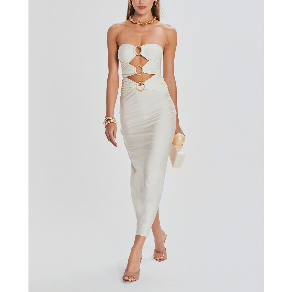 Retrofete Ivory Strapless Midi Dress with Gold Rings